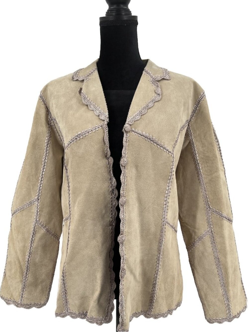 S.M.H. Vintage Suede Leather and Patchwork Knitted Jacket Size Large Tan